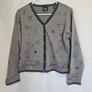 Christine Rotelli Cardigan Women's Gray Novelty Button Down Knit Top Sweater Med